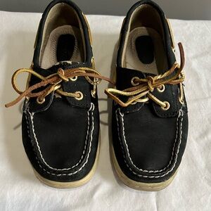 Sperry Leather Angelfish Black Cheetah Print Boat Shoes